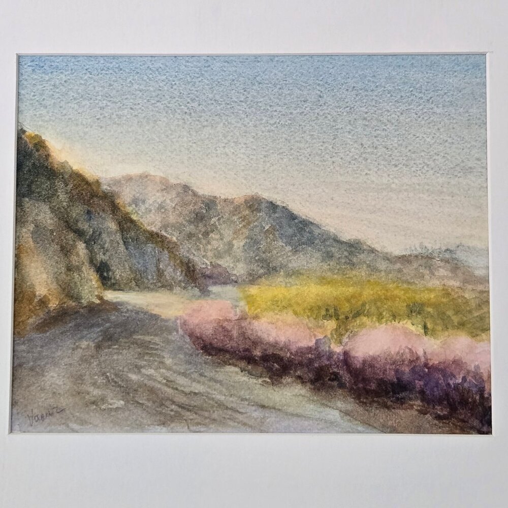Signed Original Watercolor Mountain Landscape Painting Framing: Matted